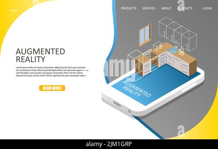Modello di pagina di destinazione della realtà aumentata. Illustrazione isometrica vettoriale. Visualizzazione della realtà aumentata degli armadi da cucina su smartphone scre Illustrazione Vettoriale