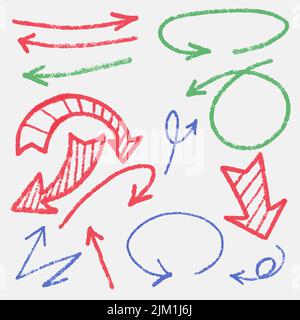 Frecce, forme e colori diversi, infografie, segni e simboli disegnati a matita, stile scarabocchio Illustrazione Vettoriale