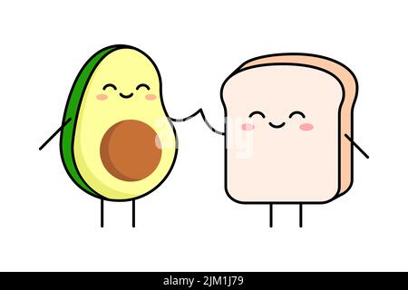 Colazione con toast all'avocado. Migliori amici per sempre, BFF. Toast e avocado tenere le mani. Buon fumetto cibo personaggi. Concetto di cibo sano. Vettore Illustrazione Vettoriale