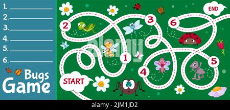 Gioco da tavolo in stile piatto per bambini. Gioco da tavolo per bambini con mappa verde, passi di gioco, ratto e finitura, fiori, insetti, illustrazione vettoriale di ladybugs e cavallette. Illustrazione Vettoriale