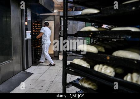 Non esclusiva: ZAPORIZHZHIA, UCRAINA - 3 AGOSTO 2022 - un dipendente è visto al lavoro presso l'ucraino-spagnolo Urozhai Ltd, Zaporizhzhia, sud-est U Foto Stock
