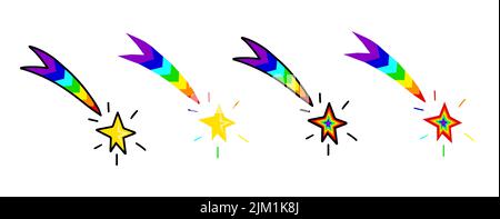 Icona delle stelle arcobaleno. Coda di cometa arcobaleno o sentiero stellare. Stella di Natale. Sogno e successo. Vettore, illustrazione. Illustrazione Vettoriale