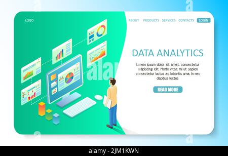 Modello del sito Web della landing page di Data Analytics. Illustrazione isometrica vettoriale dell'uomo d'affari che compila e analizza insiemi di dati dal dashboard con r Illustrazione Vettoriale