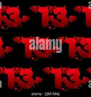 modello senza cuciture con diavolo numero 13 con ali e corna per i giochi ui. Sfondo nero con numero demoniaco. Illustrazione Vettoriale