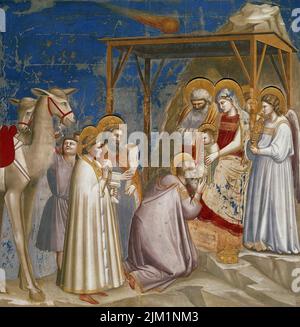 L'Adorazione dei Magi (dai cicli della vita di Cristo). Museo: Cappella degli Scrovegni, Padova. AUTORE: GIOTTO DI BONDONE. Foto Stock