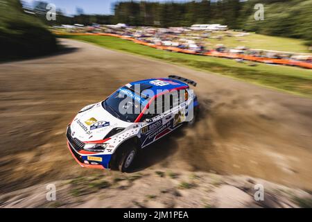 Jyvaskyla, Finlandia - 04/08/2022, 27 PAJARI Sami (fin), MALKONEN Enni (fin), Skoda Fabia Evo, in azione durante il Rally Finlandia 2022, 8th round del Campionato Mondiale Rally Auto 2022 WRC, dal 4 al 7 agosto 2022 a Jyvaskyla, Finlandia - Foto: Nikos Katikis/DPPI/LiveMedia Foto Stock