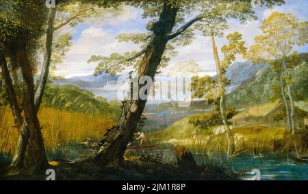 Annibale Carracci, paesaggio fluviale, pittura in olio su tela, circa 1590 Foto Stock