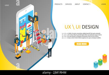 Modello di sito Web per la pagina di destinazione del progetto UX o UI. Illustrazione isometrica vettoriale. Concetto di sviluppo dell'interfaccia utente dell'app mobile. Illustrazione Vettoriale