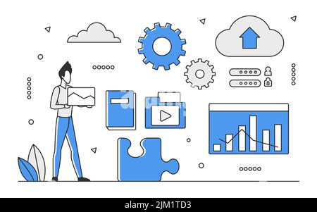 Accesso allo storage basato su tecnologia di database. Informazioni basate su cloud, illustrazione monocolore vettoriale dei big data center Illustrazione Vettoriale