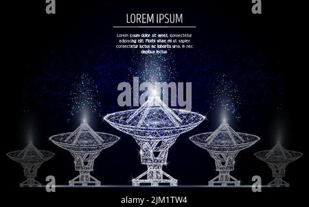 Radiotelescopio a trama a reticolo a basso contenuto di poli realizzato con punti, linee e forme. Illustrazione dello stile di arte poligonale vettoriale. Banner poster scienza astronomica em Illustrazione Vettoriale