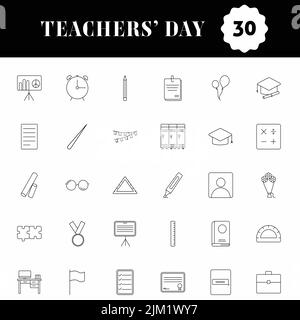 Set of Teacher Appreciation 30 icone in Black Linear. Illustrazione Vettoriale