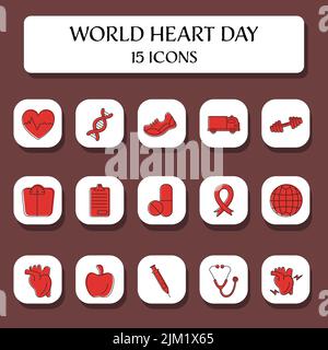 Set di colori rossi delle icone quadrate del World Heart Day. Illustrazione Vettoriale
