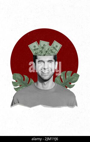 Collage di banner verticale di denaro ragazzo dalla testa isolato su pittura sfondo bianco colore Foto Stock