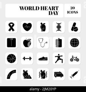 20 icona della Giornata Mondiale del cuore in stile Glyph. Illustrazione Vettoriale