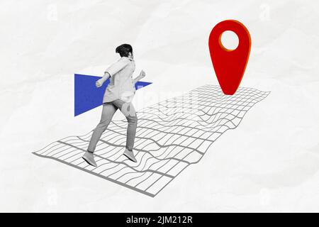 Illustrazione di collage creativo composito di piccolo ragazzo bianco nero colori che corrono superficie di disegno grande contrassegno di destinazione Foto Stock