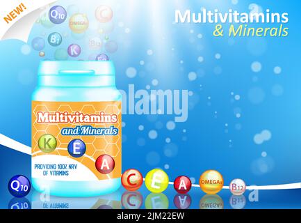 Modello di banner per poster pubblicitari con complesso vitaminico e minerale. Bottiglia di plastica multivitaminica e pillole vitaminiche. Supplemento dietetico con vitamine e mi Illustrazione Vettoriale