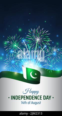 14 agosto, pakistan giorno di indipendenza, modello vettoriale con bandiera pakistana fuochi d'artificio colorati su sfondo blu notte cielo. Festa nazionale del Pakistan Illustrazione Vettoriale