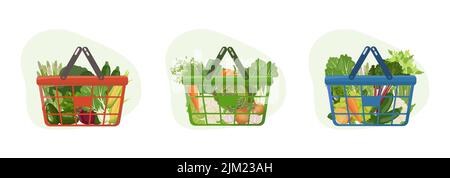 Negozi di alimentari cesti con verdure fresche verdi e raccolti di radice dal mercato agricolo locale. Sano cibo vegano set. Illustrazione vettoriale isolata su wh Illustrazione Vettoriale
