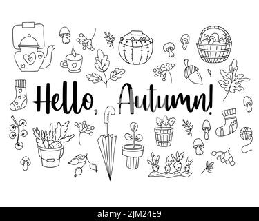 Ciao autunno set spaghetti a mano. Cestino di vimini con funghi, raccolta di verdure, un acorno e funghi, flowerpot e un ombrello, teiera con tazza e un Illustrazione Vettoriale