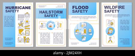 Modello di brochure blu per le precauzioni di sicurezza in caso di calamità naturali Illustrazione Vettoriale