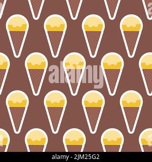 Paletta gelato gialla in cono waffle senza cuciture motivo marrone cioccolato fondo decorazione design Illustrazione Vettoriale