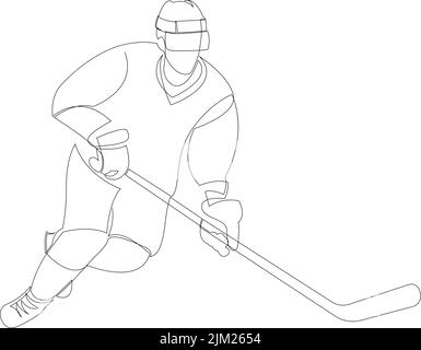 Hockey giocatore linea continua disegno. Illustrazione di un vettore a linea singola Illustrazione Vettoriale