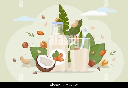 Concetto di latte vegano. Bevanda vegetariana non casearia alternativa per la dieta a base di piante, sano latte biologico senza lattosio da mandorle, anacardi, pinoli Illustrazione Vettoriale