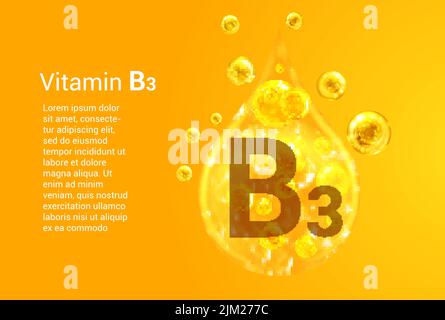 Vitamina B3. Baner con immagini vettoriali di gocce d'oro con bolle d'ossigeno. Concetto di salute. Illustrazione Vettoriale