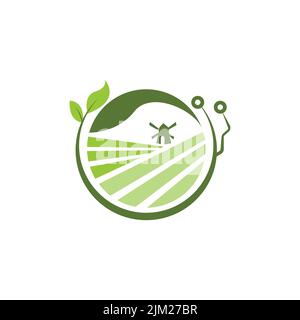 Design ispirato al logo della tecnologia delle aziende agricole moderne. Tecnologia agricola logo vettore, modello di design moderno fattoria logo Illustrazione Vettoriale