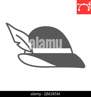 Icona glifo cappello tirolese, bevanda e cappello oktoberfest, icona vettore cappello germania, grafica vettoriale, segno solido tratto modificabile, eps 10. Illustrazione Vettoriale