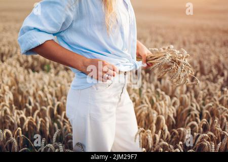 Giovane donna che cammina nel campo estivo raccogliendo grano indossare camicia di lino e pantaloni jeans. Abiti naturali ed eleganti. Foto Stock