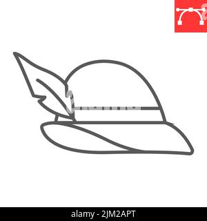 Icona della linea di cappello tirolese, cappello per bevande e oktoberfest, icona vettoriale per cappello tedesco, grafica vettoriale, segno di contorno del tratto modificabile, eps 10. Illustrazione Vettoriale