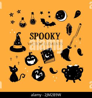 Cute elementi di Halloween disegnati a mano, divertimento doodles, grande per banner di Halloween, sfondi, tessuti, imballaggio - disegno vettoriale Illustrazione Vettoriale