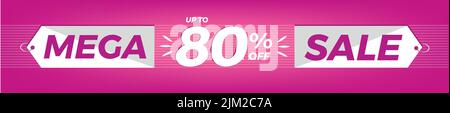 80% di sconto. Banner rosa orizzontale. Pubblicità per Mega sale. Fino all'80% di sconto su promozioni e offerte. Illustrazione Vettoriale
