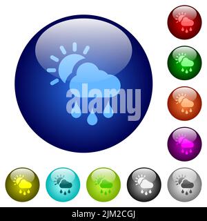 Icone meteo soleggiate e piovose su pulsanti in vetro rotondo in più colori. Struttura di livello disposta Illustrazione Vettoriale