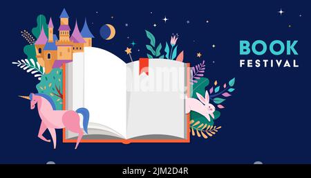 Libro festival concept design. Apri un enorme libro con foresta magica, castello, unicorno e fiori. Fantasia e fantasia concept design. Vettore Illustrazione Vettoriale