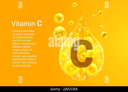 Vitamina C. Baner con immagini vettoriali di gocce d'oro con bolle d'ossigeno. Concetto di salute. Illustrazione Vettoriale