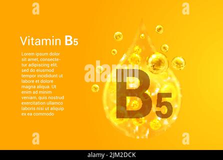 Vitamina B5. Baner con immagini vettoriali di gocce d'oro con bolle d'ossigeno. Concetto di salute. Illustrazione Vettoriale