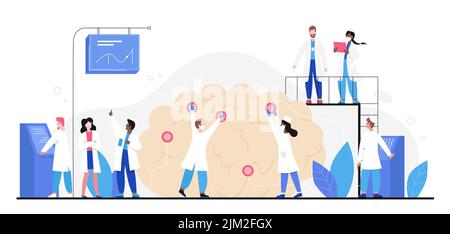 Analisi medica del cervello umano con medici piccoli. Gruppo di neurologi Cartoon studia problemi traumatici e di invecchiamento con le macchine ospedaliere illustrazione vettoriale piatta. Psicologia, concetto di neurologia Illustrazione Vettoriale