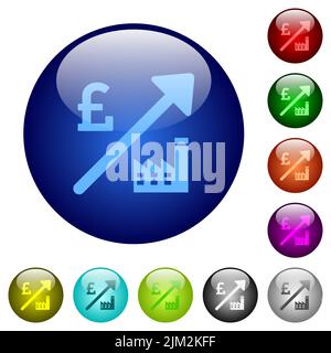 Centrale elettrica in ascesa english Pound prezzi icone su bottoni di vetro tondi in più colori. Struttura di livello disposta Illustrazione Vettoriale