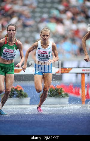 Janica Rauma corre nei 3000m ostacoli ai Campionati europei di atletica di Berlino 2018. Foto Stock