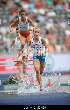 Janica Rauma corre nei 3000m ostacoli ai Campionati europei di atletica di Berlino 2018. Foto Stock