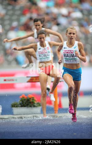 Janica Rauma corre nei 3000m ostacoli ai Campionati europei di atletica di Berlino 2018. Foto Stock