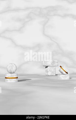 Podio in pietra di marmo vuoto con anello dorato aspro ombra 3D render. Premium lusso cosmetici prodotto presentazione scena Shop vendita Royal moderno Foto Stock