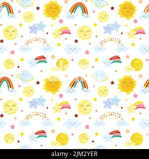 Collezione cielo con pianeti, arcobaleno, comete e stelle. Ripetizione senza giunture vettoriale. Simpatico disegno infantile. Illustrazione Vettoriale