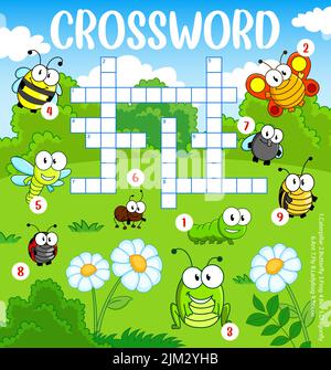 Cartoon insetti divertenti su prato crossword griglia, trovare una parola quiz foglio di lavoro. Puzzle di ricerca vettoriale per bambini con bruco, farfalla, rana, ape, libellula, formica, mosca, coccinella, scarabeo, croce parola Illustrazione Vettoriale