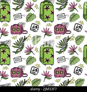 Modello senza cuciture di borse per bagagli ed elementi tropicali, disegnati a mano in stile schizzo. Hawaii. Foglie e fiori. Valigia grande, borsa piccola - lugga mano Illustrazione Vettoriale