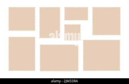 Set di cornici per francobolli. Modello di bordo vuoto per cartoline e lettere. Francobolli vintage quadrati e rettangolari vuoti con bordo perforato Illustrazione Vettoriale