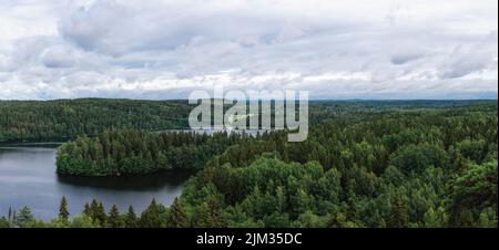 Vista panoramica sulle foreste della Riserva Naturale di Aulanko dalla cima del Colle Aulangonvuori a Hämeenlinna, Finlandia in estate Foto Stock