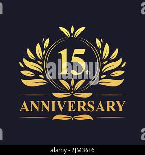 15th Anniversary Design, lussuoso colore dorato 15 anni anniversario logo design celebrazione. Illustrazione Vettoriale